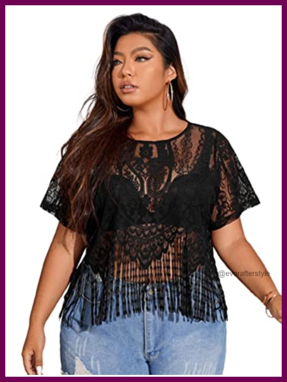 Plus Size Sheer Lace Fringe Short Sleeve Tee Top Western Blouse
